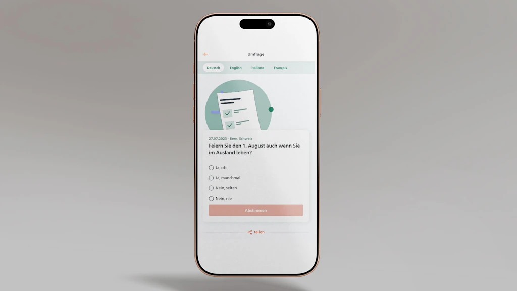 Das Bild zeigt ein Smartphone, auf dem die Umfrage-Funktion  der SwissInTouch App angezeigt ist.
